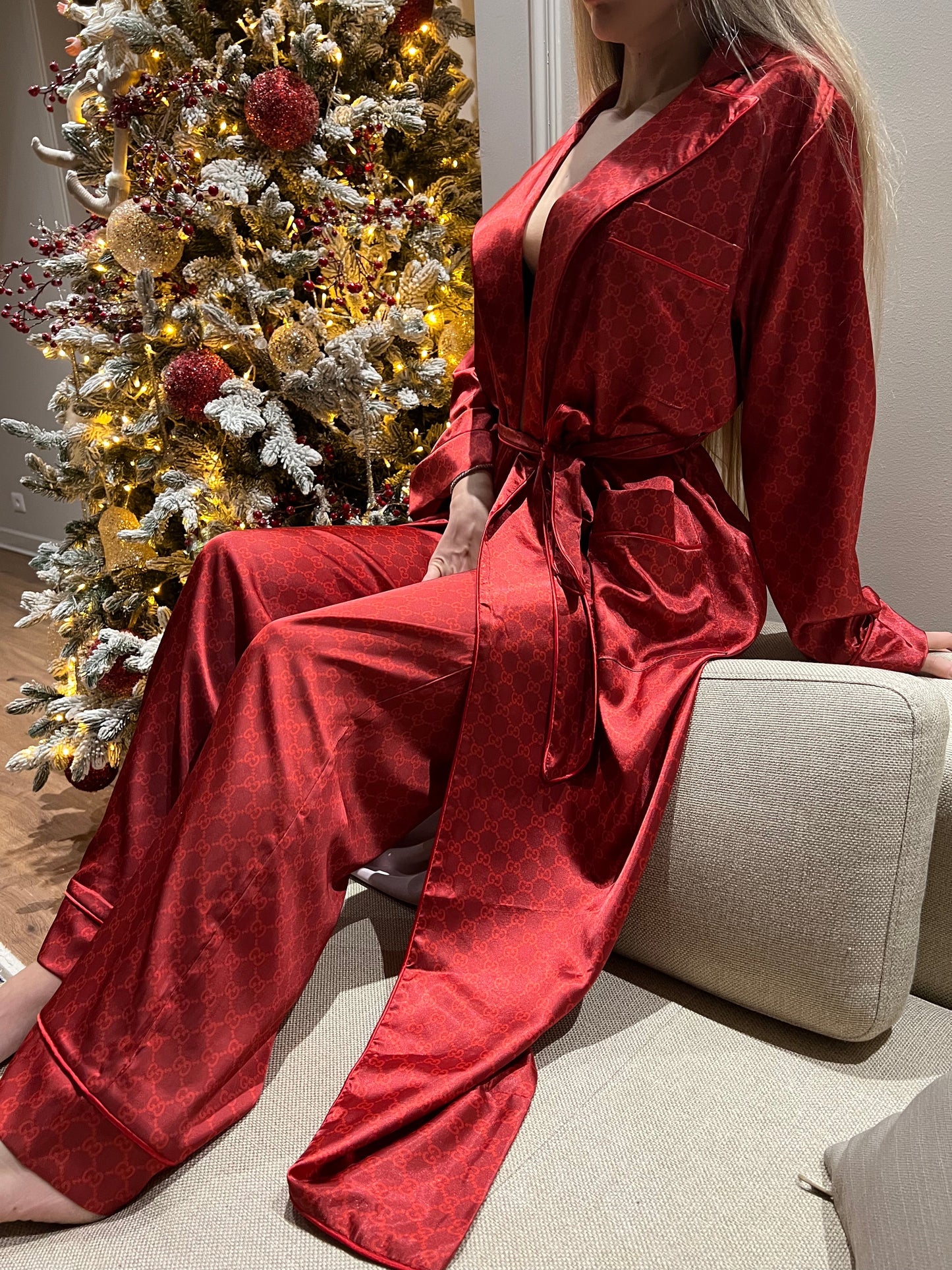 KIM RED SILK PIJAMA + ROBE